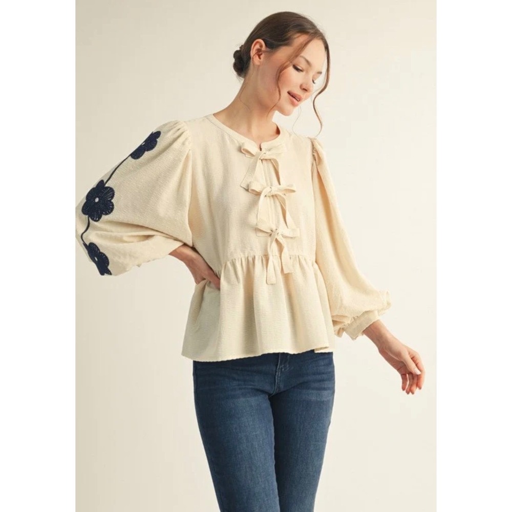 Jodifl Cream Balloon Sleeve Bow Front Peplum Blouse Navy Floral Crochet L